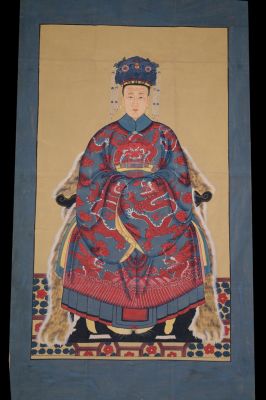 Très Grand Portrait d'ancêtres chinois - Majestueux - Impératrice - Gris et Rouge