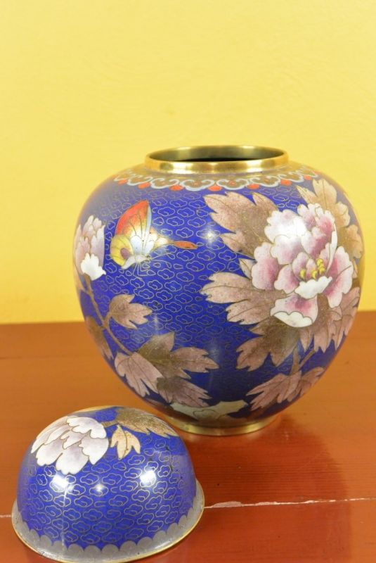 Vase in Cloisonné Blau Blumen 3