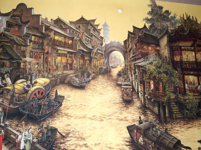 Very Large Chinese Kakemono - Painting - Chinese City 3